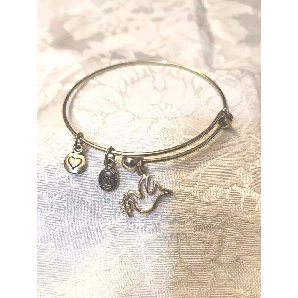 Slide Charm Bangle Bracelet Gold Tone B Expandable Dove Heart Peace Bird
